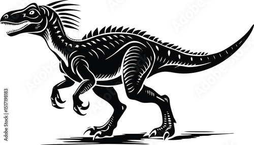Black and White Dinosaur Vector Illustration, Fierce Velociraptor Silhouette Artwork