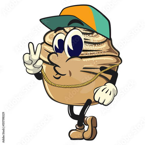 Cute cruffin cartoon mascot vector wearing a hip-hop style hat and wearing a sparkling gold necklace, funny dessert character illustration isolated, work of hand drawn
