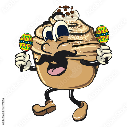 Cute cruffin cartoon mascot vector with moustache playing maracas, funny dessert character illustration isolated, work of hand drawn