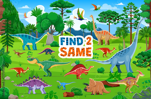 Find two same dinosaur characters, kid game worksheet at prehistoric landscape vector background. Jurassic dinos puzzle quiz, cartoon brachiosaurus, triceratops and pteranodon dinosaurs matching game