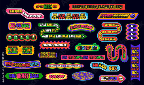 Y2k groovy retail and shopping stickers, discount and sale funky patch labels. Vector retro tags and badges, trendy 90s y2k geometric shape stickers for black friday sale and special discount offer