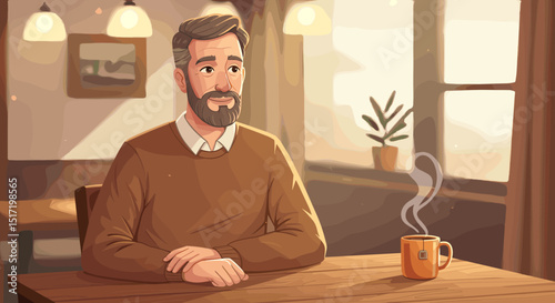Middle-aged man sitting at table with steaming mug in cozy cafe  