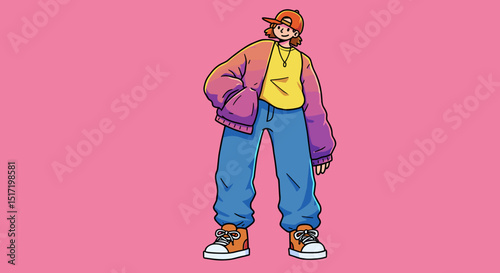 Trendy young person posing confidently in colorful streetwear style  
