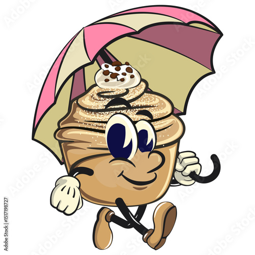 Cute cruffin cartoon mascot vector walking with an umbrella, funny dessert character illustration isolated, work of hand drawn
