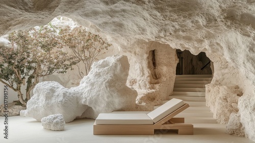 A spa-like interior designed to resemble a natural cave.