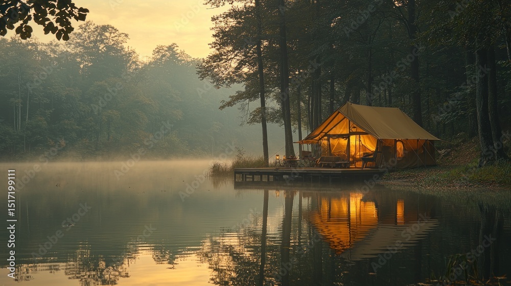 Fototapeta premium Lakeside cabin at dawn