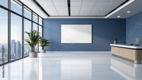 Modern office reception area with panoramic city view.