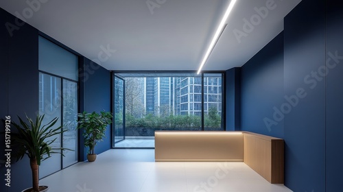 Modern office lobby with a reception desk.