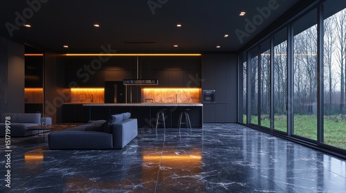 Modern kitchen and living area design with dark tones and marble flooring.