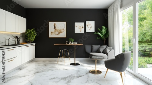 Modern kitchen and living area with marble flooring.