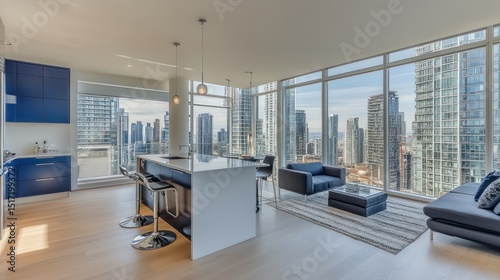 Modern penthouse kitchen and living area with city views.