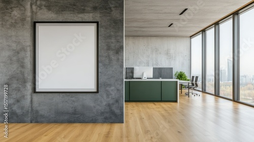 Empty picture frame on a concrete wall in a modern office space.