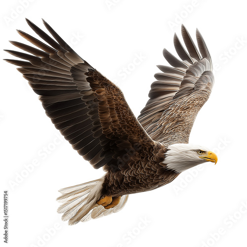Bald eagle flying with wings spread isolated on white background