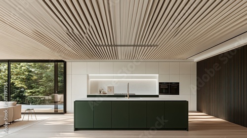 Modern kitchen with a distinctive ceiling design.