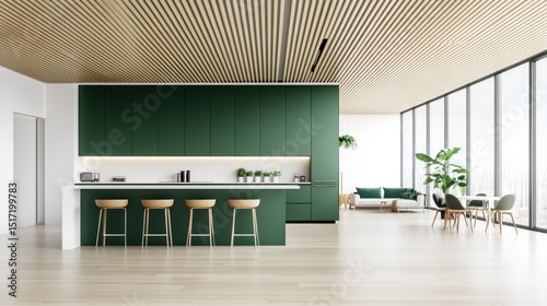 Modern kitchen with forest green cabinetry and wooden accents.