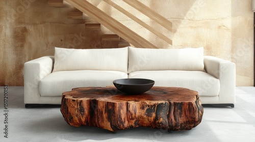 Modern living room scene with a natural wood coffee table.