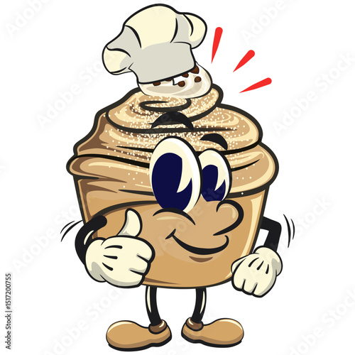 Cute cruffin cartoon mascot vector as chef give thumbs up, funny dessert character illustration isolated, work of hand drawn