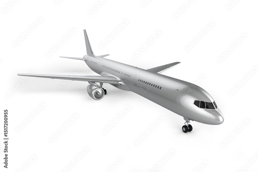 A silver airplane model with visible engine and wheels on a white surface in a studio setting A silver airplane model with visible engine and wheels on a white surface in a studio setting