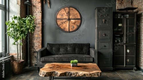 Dark, industrial style living room with a unique coffee table.