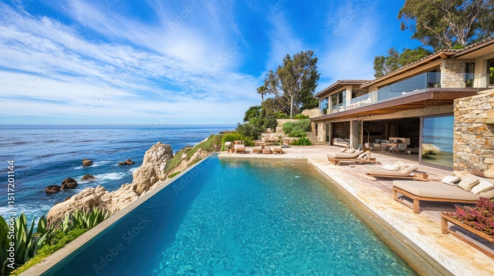 Fototapeta premium Stunning oceanfront home with infinity pool and deck