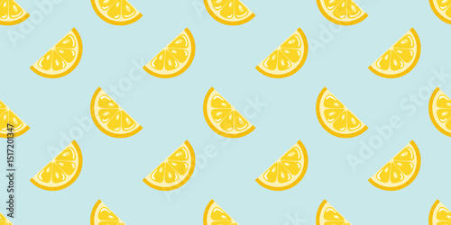 Seamless summer pattern with vibrant yellow lemon wedges on a soft blue background. Cartoon vector style