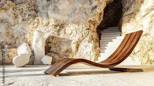 Wooden lounge chair in a cave-like setting.