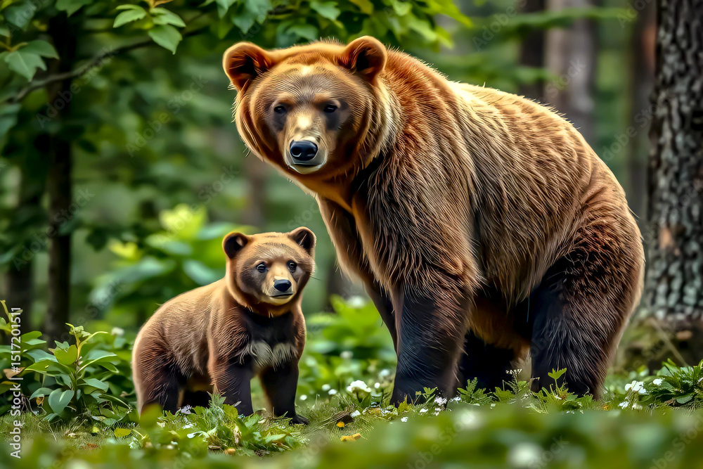Fototapeta premium Two brown bears in a natural forest environment. One of the bears is an adult, standing on four legs, while the other is a cub standing on two legs.