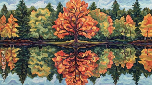 Autumnal reflection of trees on a calm lake.