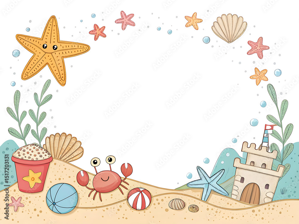 Fototapeta premium Doodle Summer Beach Border for Kids with Crabs and Toys