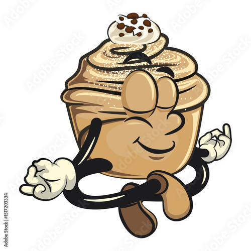 Cute cruffin cartoon mascot vector meditating, funny dessert character illustration isolated, work of hand drawn