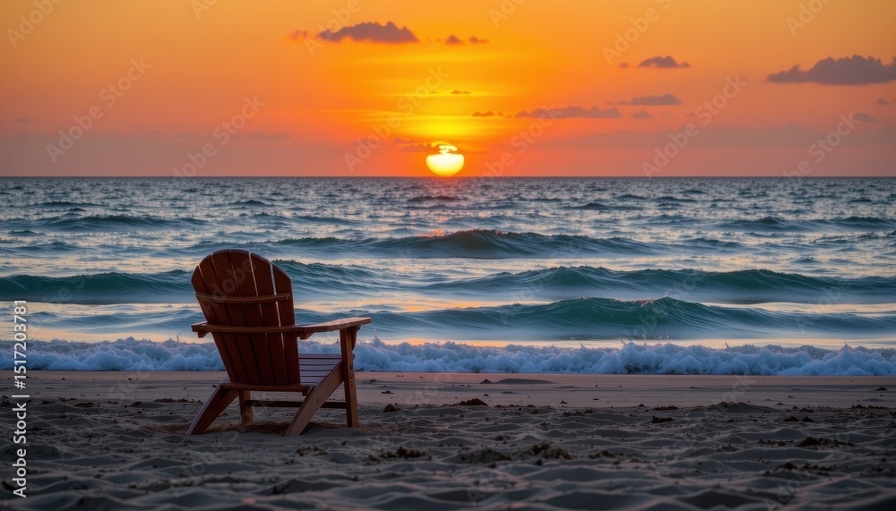 Serene Sunset Ocean View with Empty Wooden Adirondack Chair on Sandy Beach Serene Sunset Ocean View with Empty Wooden Adirondack Chair on Sandy Beach