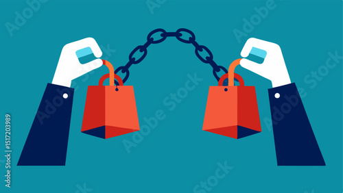 Broken Chains A pair of hands breaking a chain made of shopping bags representing freedom from consumerism and the Buy Nothing Challenge.