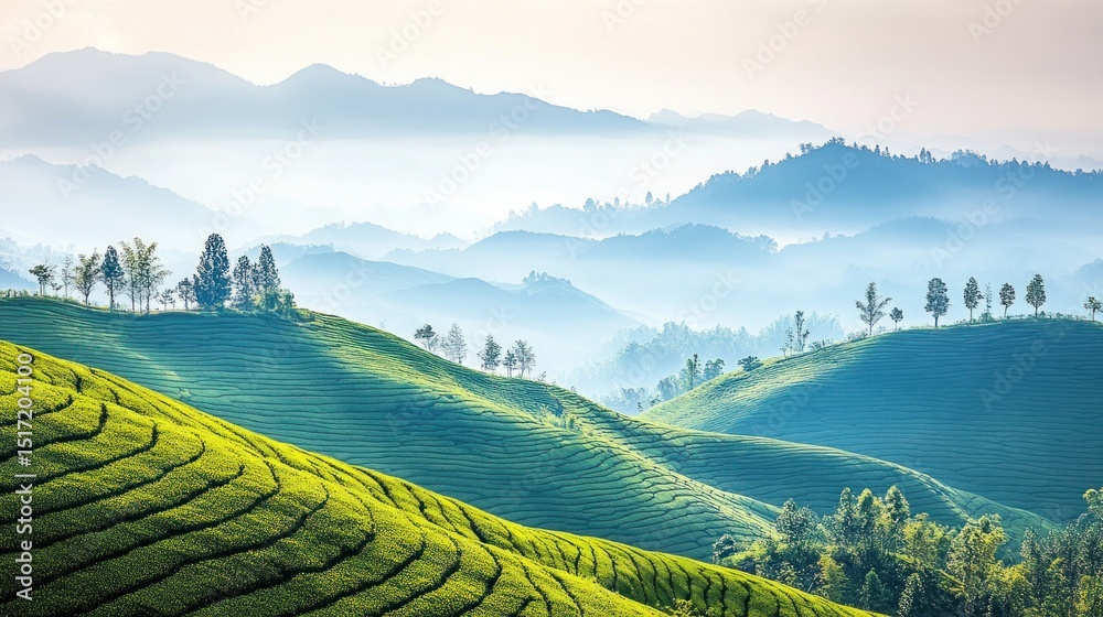 Fototapeta premium Lush green tea plantations on rolling hills, bathed in morning mist.