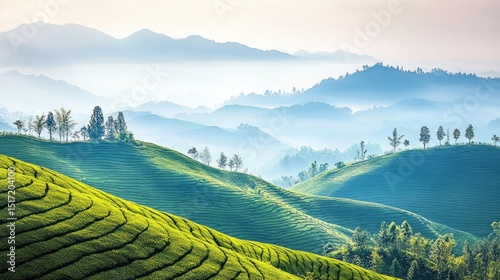 Lush green tea plantations on rolling hills, bathed in morning mist.