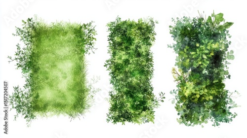 Three vertical watercolor green foliage frames isolated on white background.