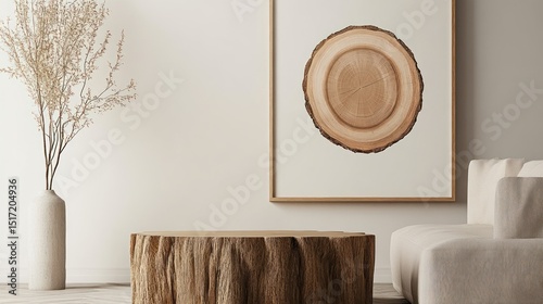 Wooden tree slice print on a white wall in a modern living room.