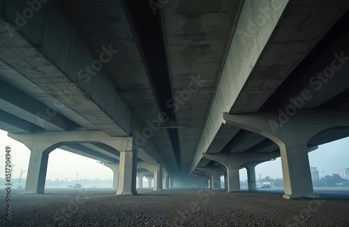 Low angle perspective view under highway bridge. Concrete structure, pillars, columns form urban construction. Modern architecture design, transportation infrastructure. Grey sky, light mist, road