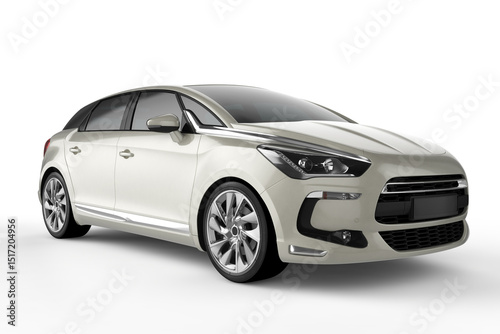 A white citroen ds5 hatchback car angled on a white background in a studio shot showing the car design