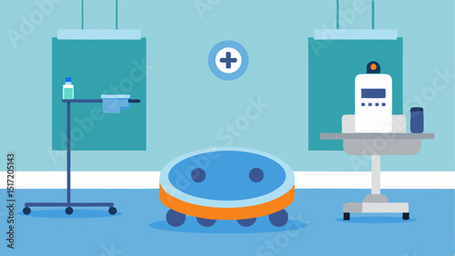 Cleaning Robot A small round robot autonomously cleaning the floor of a hospital ward with disinfecting materials attached ensuring a sterile environment.
