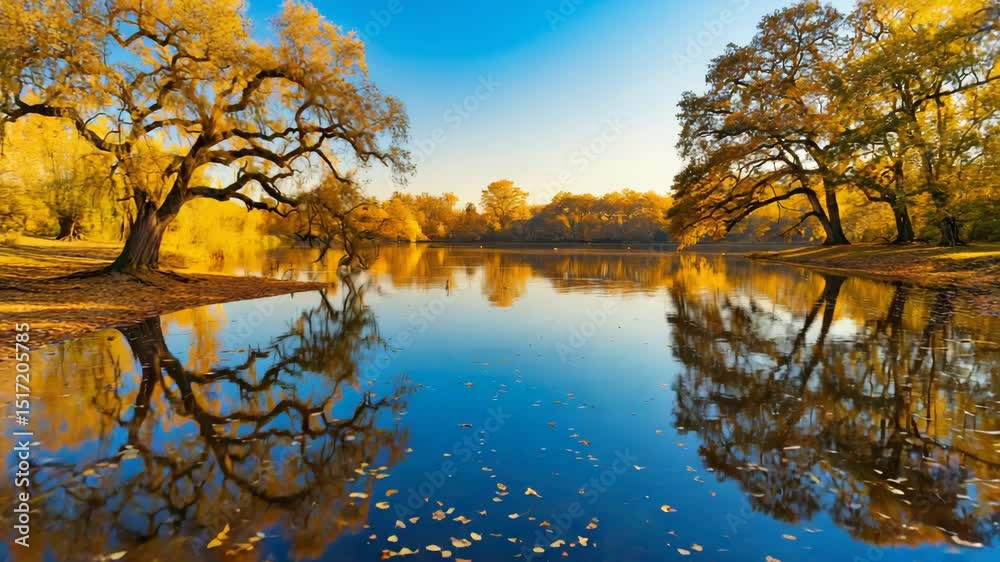 Vibrant autumn trees arching over a reflective river, perfect for fall, Thanksgiving, or seasonal background in nature and travel content.

