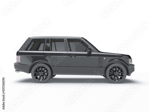 Side view of a black range rover suv with tinted windows on a plain white isolated studio background photo