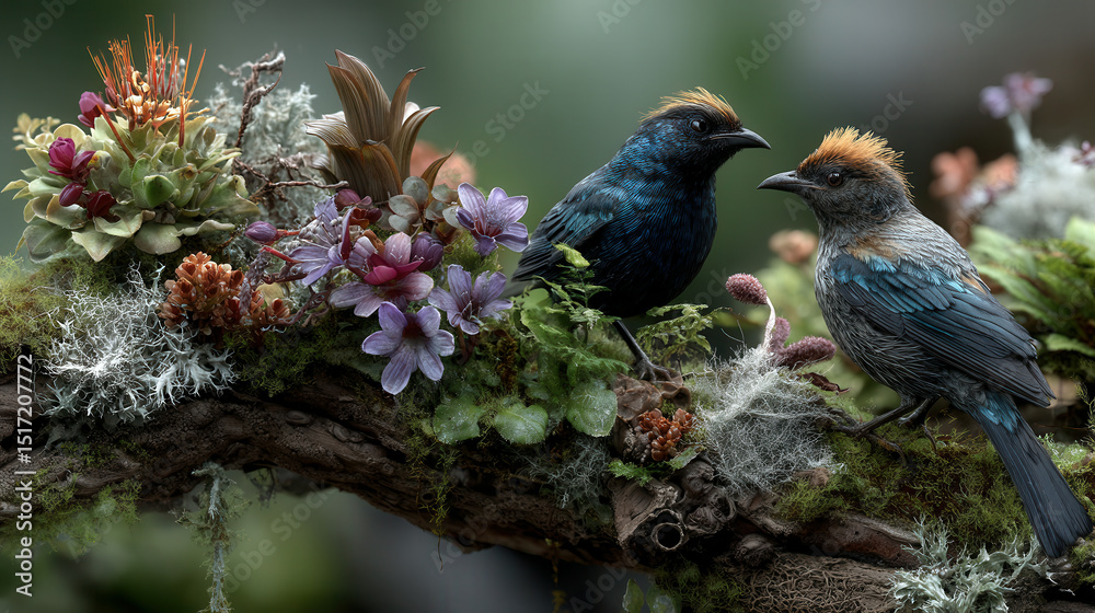 In a lush cloud forest, male red cardinals engage in a spirited battle atop a moss-covered branch adorned with vibrant flora In a lush cloud forest, male red cardinals engage in a spirited battle atop a moss-covered branch adorned with vibrant flora