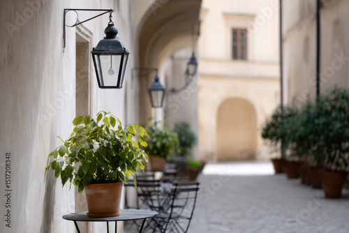 europeanstyle street cafe with simple lighting and focus on original sculpture photo
