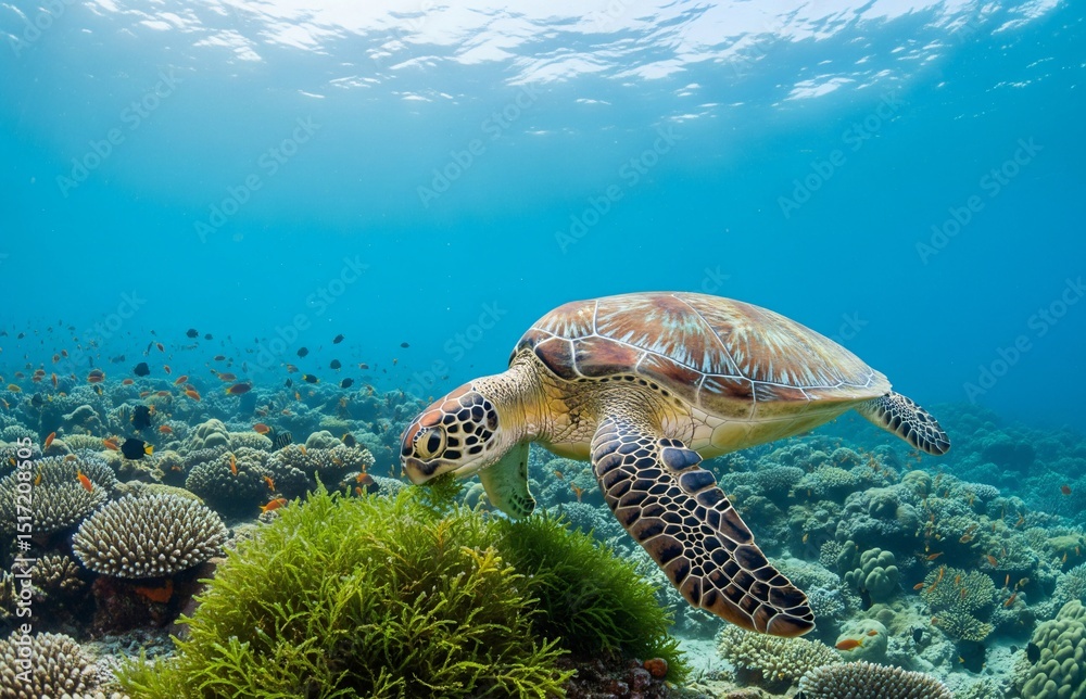 Fototapeta premium A serene sea turtle in its natural habitat, representing biodiversity and the call to protect our oceans on World Oceans Day.