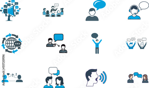 Communication Vector Icons Set – Speech Bubbles, Global Chat, Team Talk, Customer Support, Public Speaking, Dialogue, and Digital Conversation Illustrations for Web Design, Apps, and Presentations