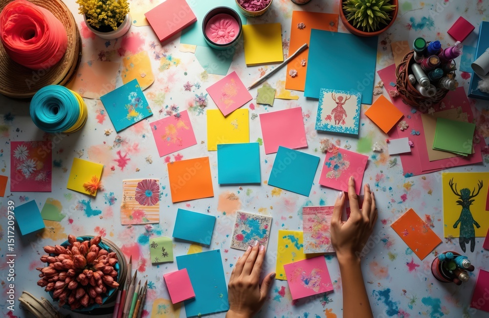 Naklejka premium Overhead view of artist workspace covered colorful paper crafts. Notes, supplies, creative process of design concept, artistic work. Hand holding craftwork. Mixed media art, handmade projects.