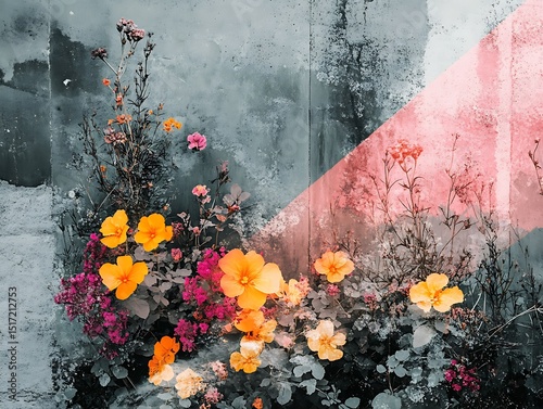 Urban floral arrangement on weathered wall under abstract light infusion