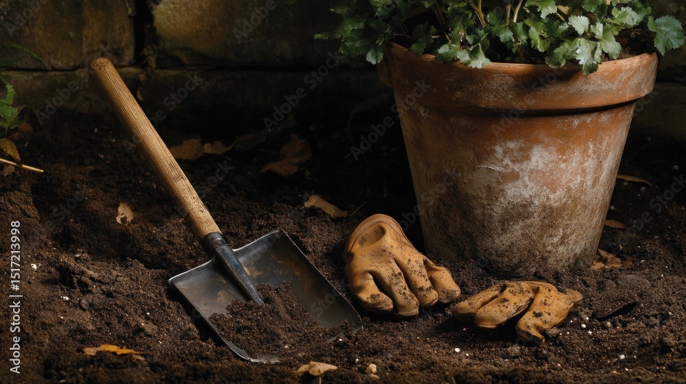 Fototapeta premium Gardening tools and soil