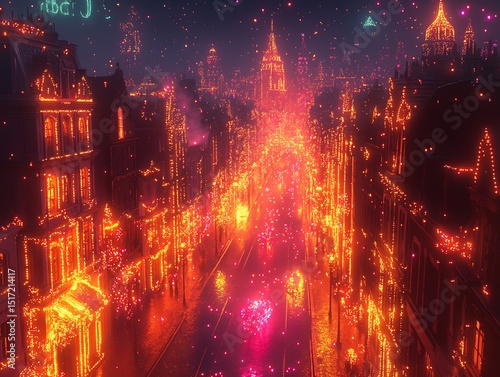 Avenue illuminated by festive lights creating a radiant urban vista at night