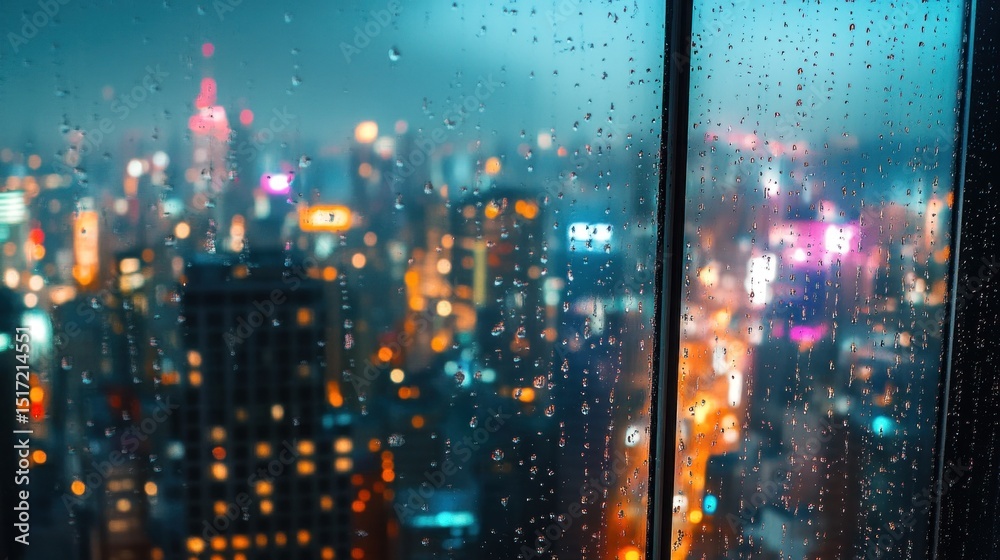 Fototapeta premium Rainy night city lights through window